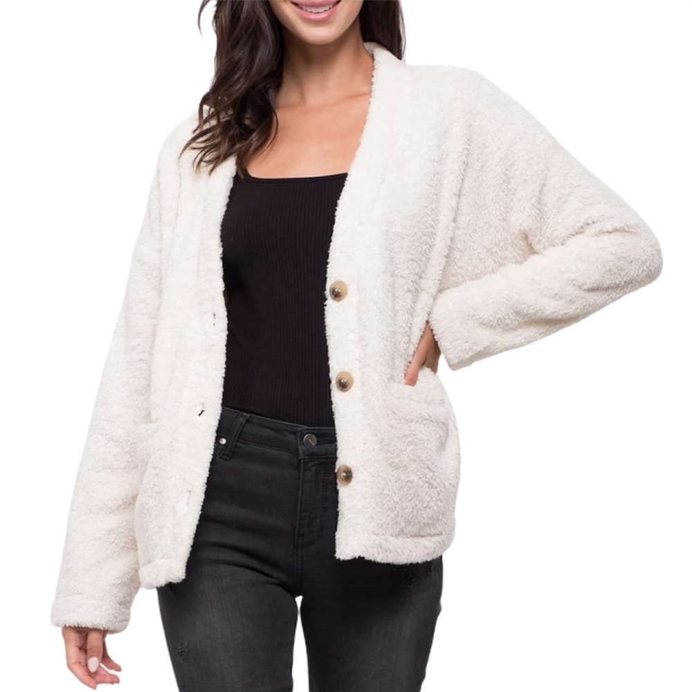 Bobeau Wera Faux Shearling Cardigan Sugar White S